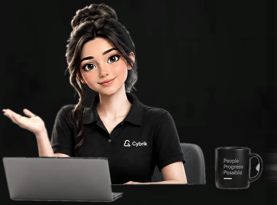 Cyra, the Cybrik assistant, at a desk with a laptop